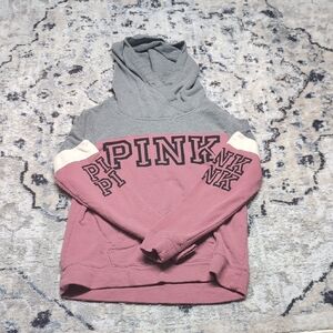 Victorias Secret PINK Hoodie Women XS Colorblock Gray Pink Logo Pullover Sweater